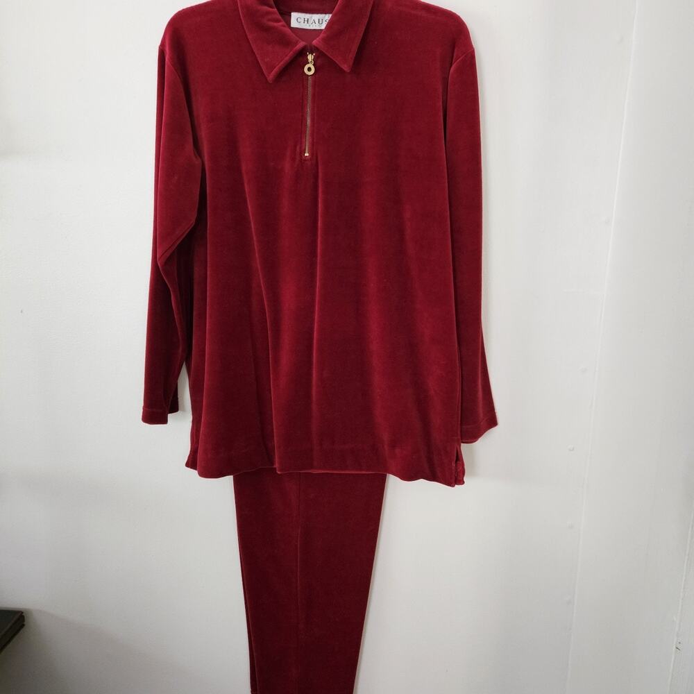 Vtg Chaus Sport 2 Piece Red Velvet Lounge Set 1/4 Zip Top/Pants Size S EUC